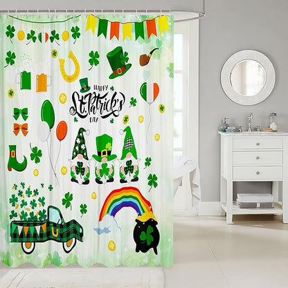 Manfei Happy St. Patrick's Day Kids Shower Curtains,Cartoon Gnomes Truck Leaves Rainbow Bathroom Curtains for Girls Boys,Irish Flag Holiday Green Cute Waterproof Curtains,12 Hooks Suits,72" W x 78" L