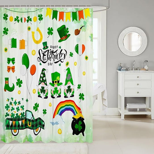 Manfei Happy St. Patrick's Day Kids Shower Curtains,Cartoon Gnomes Truck Leaves Rainbow Bathroom Curtains for Girls Boys,Irish Flag Holiday Green Cute Waterproof Curtains,12 Hooks Suits,72" W x 78" L