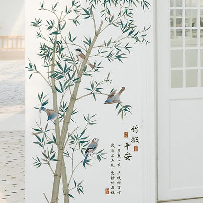 Large Bamboo Wall Stickers, Removable DIY Green Plants Flying Birds Wall Murals Peel and Stick 3D Wall Art Stickers Home Decor for Gilrs Bedroom Nursery Rooms Living Room