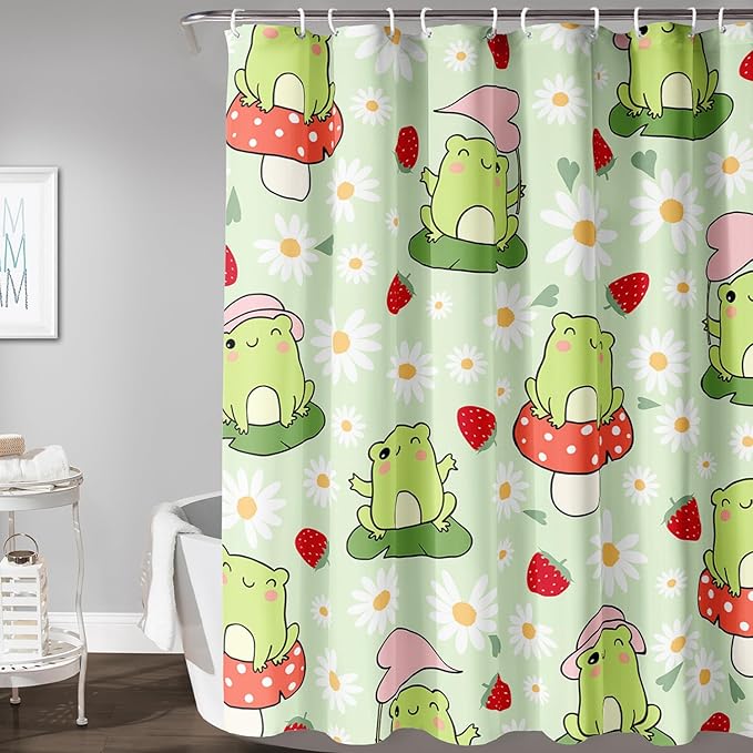 AILONEN Cute Frog Shower Curtain for Bathroom, Kawaii Strawberry and Frog Bath Curtain,Mushroom Frog Kids Girls Waterproof Curtain with 12 Plastic Hooks(72" W*84" H)