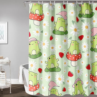 AILONEN Cute Frog Shower Curtain for Bathroom, Kawaii Strawberry and Frog Bath Curtain,Mushroom Frog Kids Girls Waterproof Curtain with 12 Plastic Hooks(72" W*84" H)
