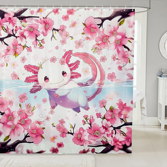 Feelyou Boys Girls Cute Axolotl Bathroom Shower Curtain Set Cartoon Salamander Bath Curtain Ocean Sealife Shower Curtain Kids Kawaii Teens Bathroom Accessories Room Decor 72"x72"