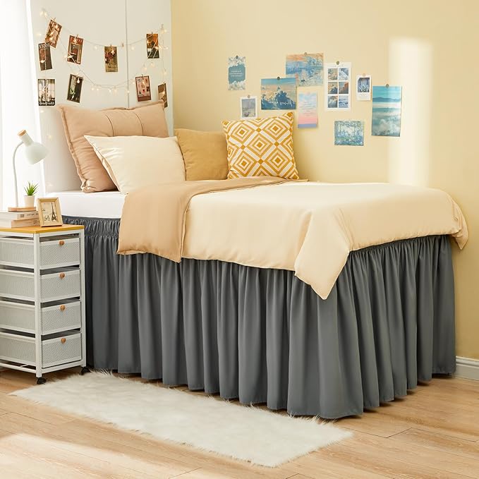 RIMELA Dorm Bed Skirt Twin XL 22 Inch Drop, Extra Long Wrap Around Elastic Bed Skirts Easy to Put On Twin Size Dust Ruffle, Grey Bedskirt for Adjustable Bed Base Solid Silky Fabric Machine Washable
