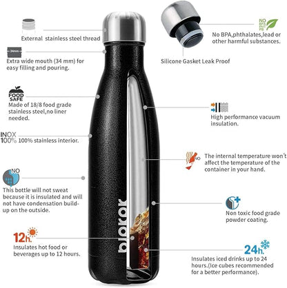 BJPKPK Insulated Water Bottles 17oz, Leak Proof Stainless Steel Water Bottle keeps Cold for 24H and Hot for 12H, BPA Free Water Bottle-Black