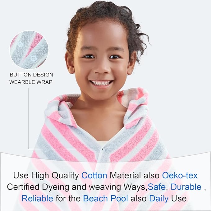 VOOVA & MOVAS Hooded Towels for Kids - 100% Cotton (3-10Years) - Quick Dry Absorbent Lightweight Towel for Pool | Swim | Beach | Bath, Girls Wrap Towel with Hood, Pink Gray Stripe