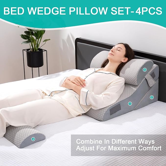 4PCS Bed Wedge Pillow for Sleeping or Back Pain Relief, Post Surgery Memory Foam Orthopedic Wedge Pillows for Back, Leg and Knee Support, Adjustable Bed Pillow