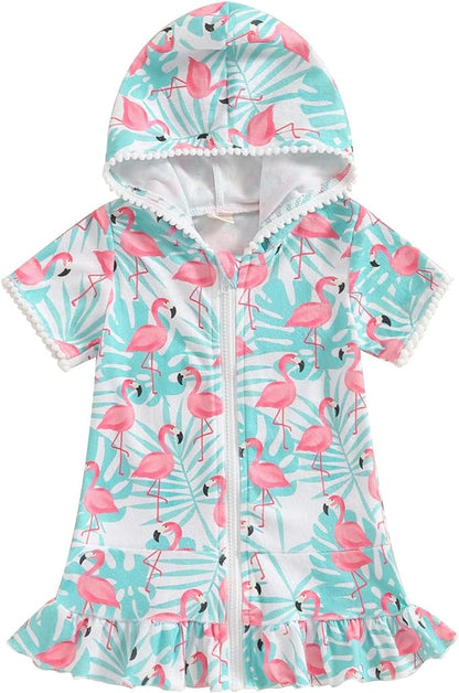 Toddler Beach Towel with Hood Kids Waffle Swim Cover Up Bath Towel Surf Poncho Boys Girls Hooded Beach Towel (Green Flamingo, 1-2 Years)