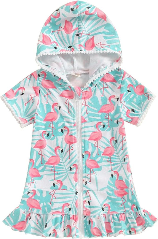 Toddler Beach Towel with Hood Kids Waffle Swim Cover Up Bath Towel Surf Poncho Boys Girls Hooded Beach Towel (Green Flamingo, 7-8 Years)