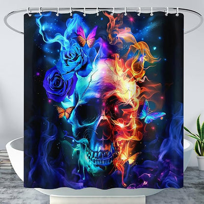 AILONEN Sugar Skull Shower Curtain,Blue Rose Flower Skull Bath Curtain,3D Printed Fire Skull Waterproof Curtain,Galaxy Butterfly Shower Curtain for Bathroom 60" W x 72" H
