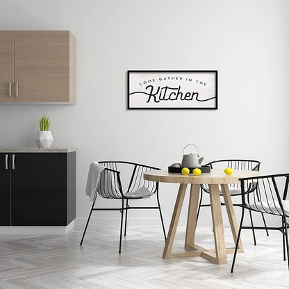Stupell Industries Come Gather in The Kitchen Sign Family Charm, Designed by Daphne Polselli Black Framed Wall Art, 13 x 30, Off- White