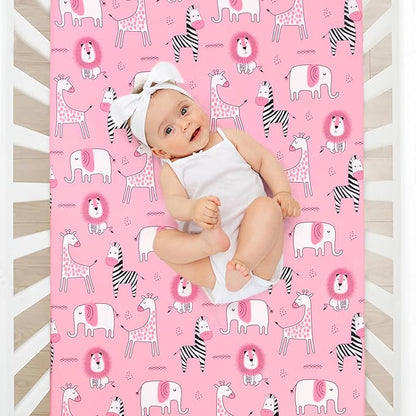 JISEN Baby Crib Sheets Soft Breathable Pink Fitted Crib Sheets Baby Sheet for Standard Crib and Toddler Mattress Baby Bed Sheets for Crib for Baby Boys Girls Neutral 52x28 Inch Elephant