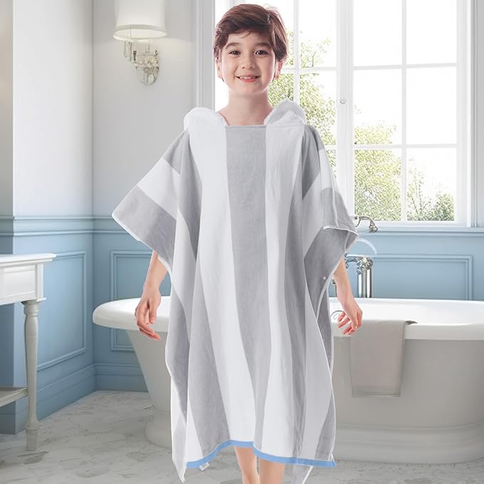 VOOVA & MOVAS Big Kids Hooded Bath Towels - Girl | Teens Pool Towel Poncho Towel Robe (8-16Years), Large Thick and Absorbent Cotton - Versatile for Pool, Swim, and Bath, Grey and White Wide Cabana