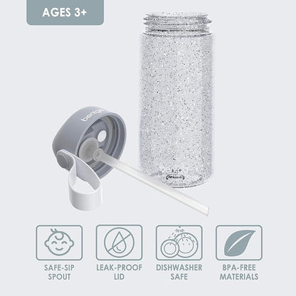 Bentgo Kids Water Bottle - Glitter Design, Leak-Proof, Durable Tritan™ 15 oz Cup for Kids/Toddlers 3+; Flip-Up Straw/Dishwasher Safe for School, Sports, Daycare, Camp (Glitter Edition - Silver)