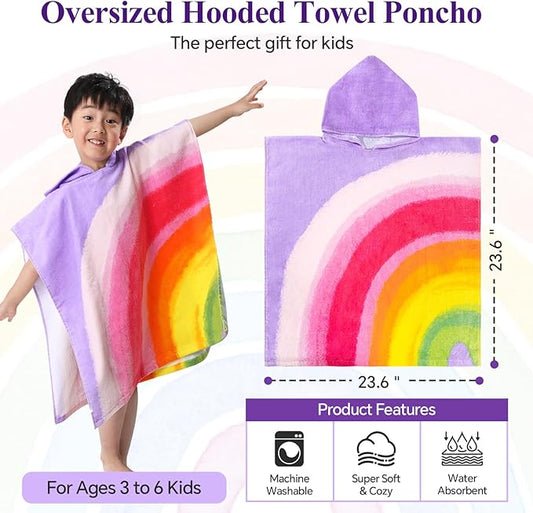 Rainbow Bath Beach Poncho Towel with Hood for Kids Boys and Girls for Shower, Pool, Swim,Beach, Super Soft 100% Cotton Towel