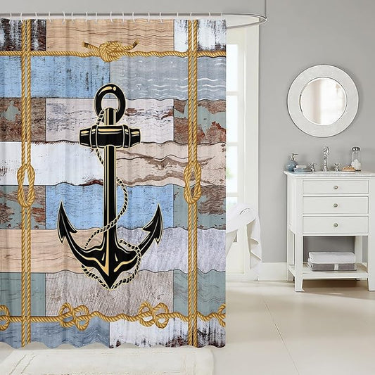 Feelyou Anchor Nautical Shower Curtain Vintage Plank Blue Brown Fabric Shower Curtain for Kids Ocean Themed Bathroom Waterproof Accessories with 12 Hooks Geometric Stripe Curtains,72X84 Inches
