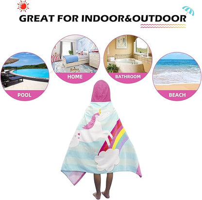 BANGSAUR Kids Hooded Beach Towels, 100% Cotton 50x30 inches Bath Pool Swiming Towel Wrap, Toddlers Girls 3-12 Years Coverup Rainbow Unicorn