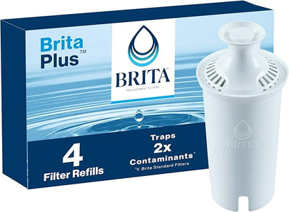 Brita Plus Water Filter, BPA-Free, High-Density Replacement Filter for Pitchers and Dispensers, Reduces 2x Contaminants*, Lasts Two Months or 40 Gallons, Includes 4 Filters