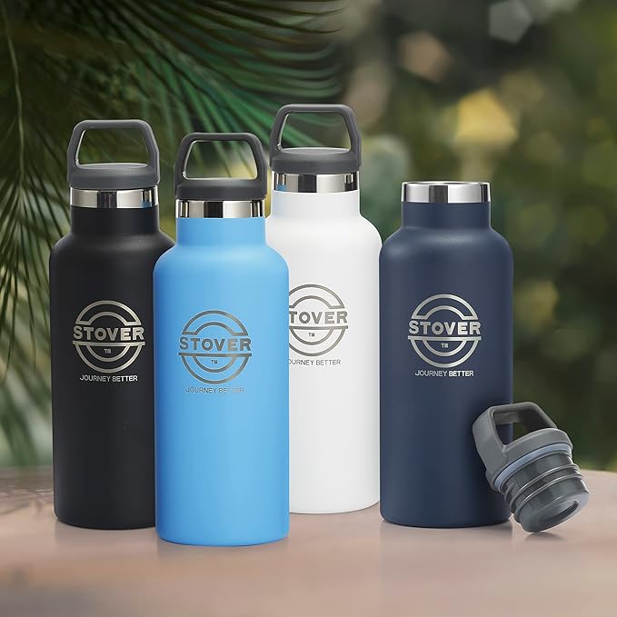 STOVER Insulated Water Bottle, 16oz Stainless Steel Double Wall Vacuum Wide Mouth Leakproof Twist Lid, Ideal for Sports, Travel & Daily Use (Navy Blue)