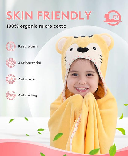 Hooded Towel for Kids 100% Cotton Ultra Soft with Unique Animal Design Large for Infants 3-10 Years (Tiger)