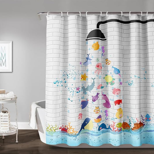 AILONEN Cute Fish Shower Curtain for Kids 72" W*72" H Inch,Raining Marine Animal Playing Water Shower Curtains,12 Pack Hooks Polyester Waterproof Fabric Decor for Bathroom Bathtub Panels