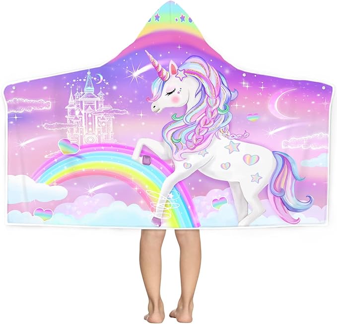 Unicorn Beach Towel, Unicorn Towel for Girls with Hood, Rainbow Unicorn Hooded Towel for Kids 30" x 50", Cute Cartoon Microfiber Absorbent Soft Bath Towel Poncho Bathrobe for Swin Pool
