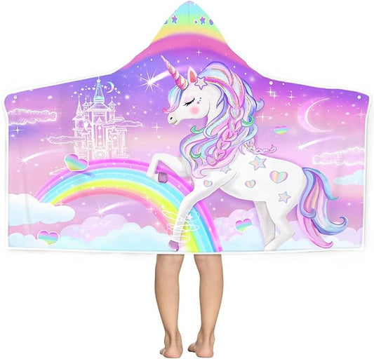 Unicorn Beach Towel, Unicorn Towel for Girls with Hood, Rainbow Unicorn Hooded Towel for Kids 30" x 50", Cute Cartoon Microfiber Absorbent Soft Bath Towel Poncho Bathrobe for Swin Pool