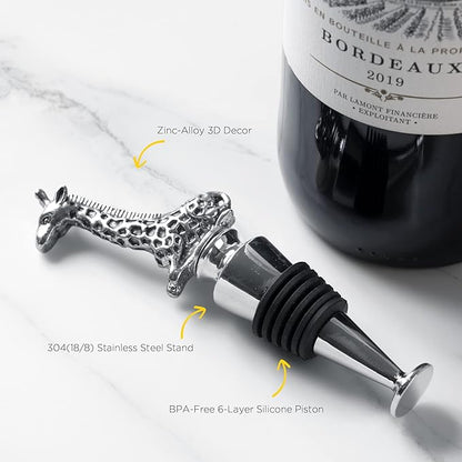 Homestia Wine Bottle Stoppers for Glass Bottles, Giraffe Bottle Stopper Reusable Wine Corks Wine Tool, Zinc-Alloy Silicone Wine Stoppers, Wine Toppers with Decors