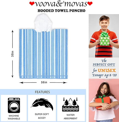 VOOVA & MOVAS Big Kids Poncho Towel with Hood - Teens Hooded Pool Towel Robe (8-16Years), Large and Absorbent Cotton - Versatile for Beach, Pool, Swim, and Bath,Light Blue Stripe