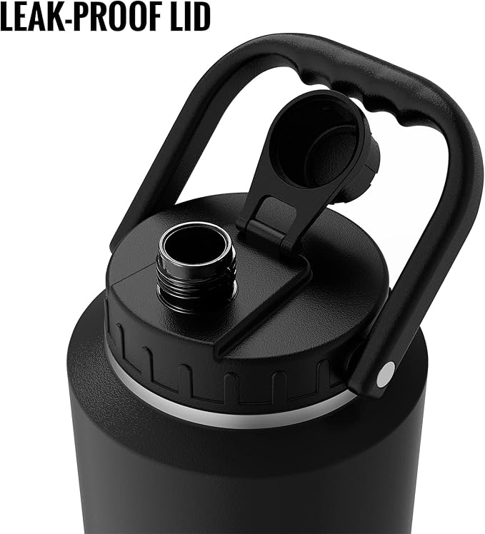 SkyWell Half Gallon Insulated Water Bottle with Handle and Wide Mouth Water Flask Sweat-Proof and Leak-Proof 64 Oz Water Jug for Outdoors, Black