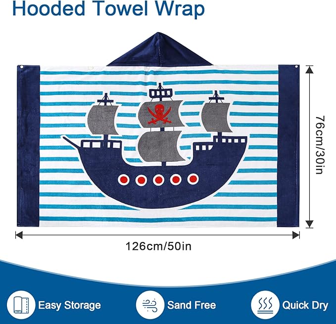 Wowelife Toddler Bath Towel, Blue Hooded Beach Towel, 100% Cotton, Quick Dry, Absorbent, Machine Washable, Adjustable, Pirate Ship Theme