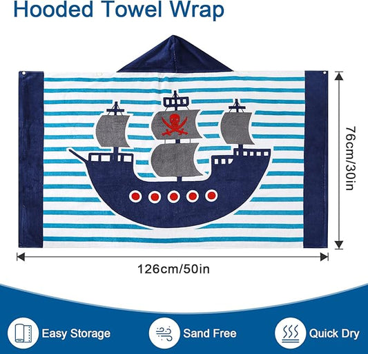 Wowelife Toddler Bath Towel, Blue Hooded Beach Towel, 100% Cotton, Quick Dry, Absorbent, Machine Washable, Adjustable, Pirate Ship Theme