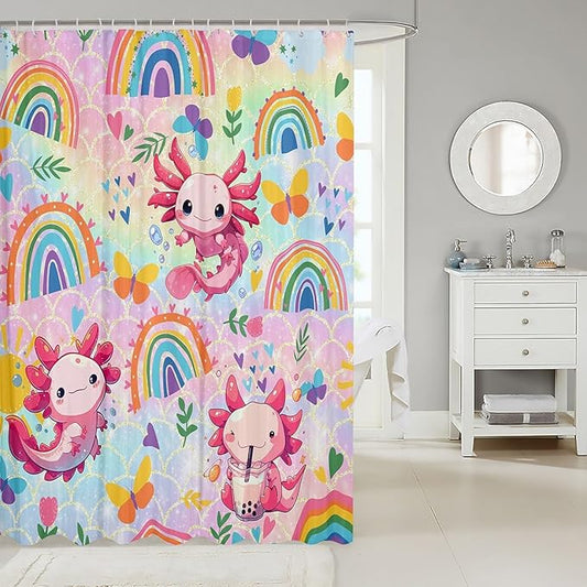 Feelyou Cute Axolotl Bathroom Waterproof Accessories with 12 Hooks Cartoon Salamander Shower Curtain for Kids Boys Girls Rainbow and Butterflies Fabric Shower Curtain Ombre Curtains,72X78 Inches