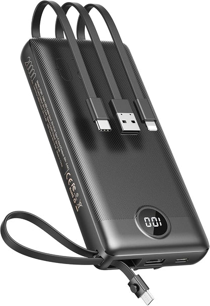VEEKTOMX Power Bank with Built in Cables 20000mAh, Portable Charger for iPhone, USB C LED Display External Battery iPhone Charger Compatible with iPhone, iPad, Samsung and Android Devices for Travel