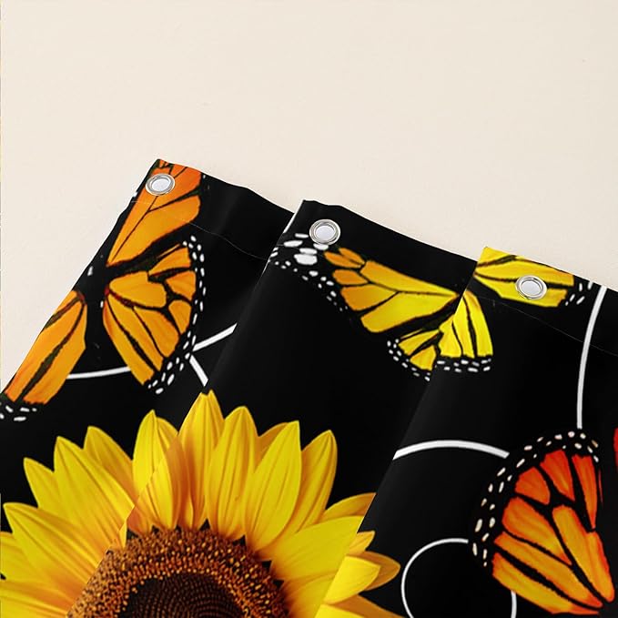 AILONEN Yellow Sunflower and Butterfly Shower Curtain,Garden Flower Black Bath Curtain,Modern Botanical Floral Waterproof Shower Curtain, 72" W x 72" H