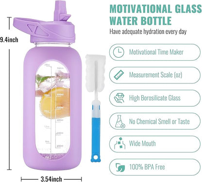 CIVAGO 32 oz Glass Water Bottle with Straw and Handle, Large Sports Motivational Water Bottle Flask with Time Marker, Leakproof Water Jug Canteen with Silicone Sleeve for Gym,Light Purple
