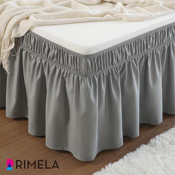 Rimela Grey Bed Skirt Full 12 Inch Drop,Wrap Around Elastic Bed Skirts Full Size Dust Ruffle, Light Gray Bedskirt for Adjustable Bed Base Solid Wrinkle and Fade Resistant Silky Fabric Machine Washable