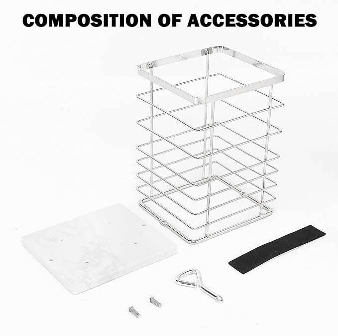 Square Kitchen Utensil Holder, Sturdy Metal Rack for Countertop Storage, Cooking Tools Organizer with Drainage Hole, Stylish Utensil Caddy for Effortless Kitchen Organization, with Marble Base