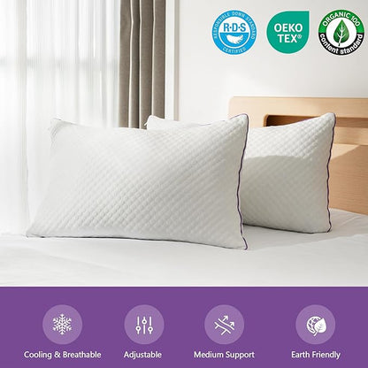 BPC Cooling Shredded Memory Foam Pillow Queen Size - Adjustable Medium Firm Pillow with Removable Cover Bed Pillows for Sleeping Side Stomach and Back Sleepers, CertiPUR-US