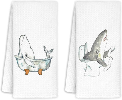 Shark Hand Towels for Bathroom Set of 2 - Shark Bathroom Decor, Coastal Beach Hand Towels, Shark Gifts for Shark Lovers, Coastal Bathroom Decor, 16x24