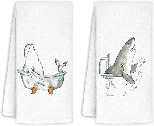 Shark Hand Towels for Bathroom Set of 2 - Shark Bathroom Decor, Coastal Beach Hand Towels, Shark Gifts for Shark Lovers, Coastal Bathroom Decor, 16x24