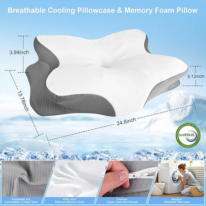 Memory Foam Pillows, Ergonomic Pillow for Neck Pain Relief, Bed Pillow for Sleeping, Cervical Neck Pillow for Side, Back, Stomach Sleeper with Cool Pillowcase, Side Sleeper Pillows for Adults