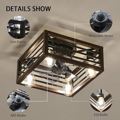 NicBex Ceiling Fan 18 Inch Ceiling Fans with Lights Industrial Caged Ceiling Fan with Blades and Remote Control Ceiling Fans with Flush Mount Design for Bedroom, Living Room, Brown