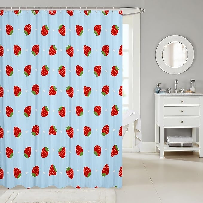 Feelyou Strawberry Fabric Shower Curtain Blue Shower Curtain for Kids Boys Girls Kawaii Fruit Bathroom Waterproof Accessories with 12 Hooks Cute Curtains,72x72 Inches