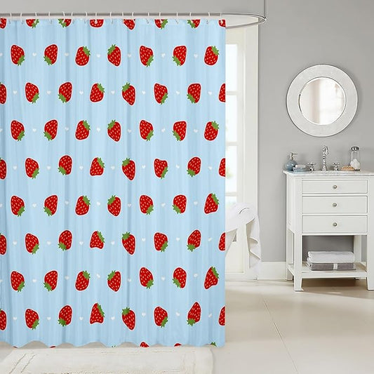 Feelyou Strawberry Fabric Shower Curtain Blue Shower Curtain for Kids Boys Girls Kawaii Fruit Bathroom Waterproof Accessories with 12 Hooks Cute Curtains,72x72 Inches
