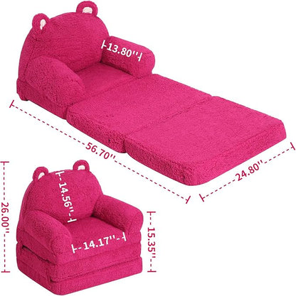 Foldable Kids Sofa, Sherpa Pink Teddy Bear Toddler Couch with Tri Folding Foam Cushions, Comfy Kids Couch for Kids Age 3-6