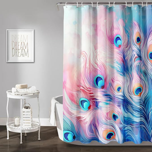 AILONEN Peacock Shower Curtain for Bathroom, Pink and Blue Peacock Feather Print Shower Curtain,Fashion Tie Dye Bath Curtain for Girls Women Waterproof 60" W*72" H