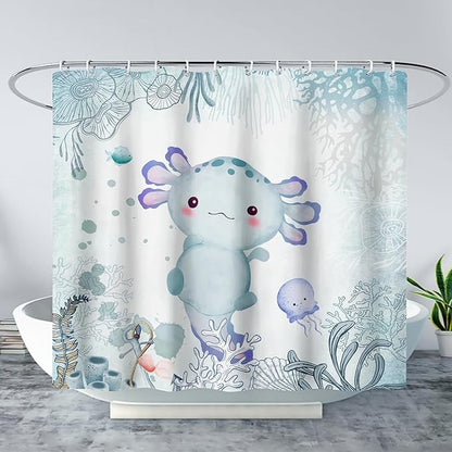 AILONEN Cute Axolotl Shower Curtain for Bathroom Teal Blue Ocean Beach Coastal Bath Curtain Decor 72" W*78" H Polyester Fabric Waterproof Bathroom Curtain with 12 Hooks