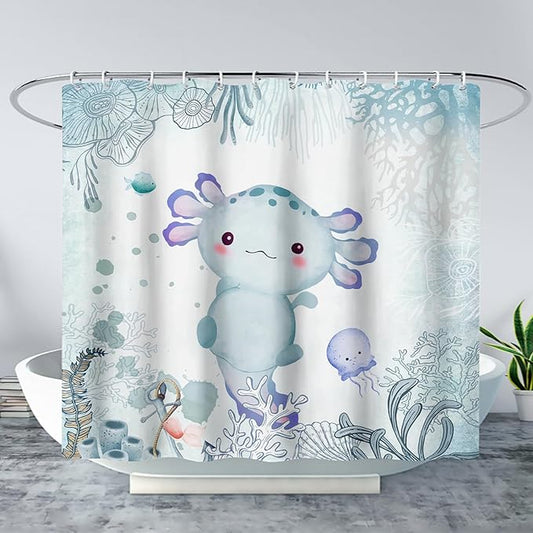 AILONEN Cute Axolotl Shower Curtain for Bathroom Teal Blue Ocean Beach Coastal Bath Curtain Decor 72" W*78" H Polyester Fabric Waterproof Bathroom Curtain with 12 Hooks