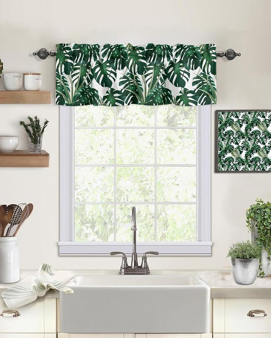 Vandarllin Summer Tropical Plant Kitchen Curtains Valances for Windows Green Monstera Leaves Rod Pocket Window Treatment for Kitchen/Living Room/Bedroom/Bathroom,42" X 18" -1 Panel,