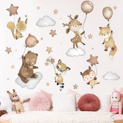 Mfault Jungle Baby Animals Wall Decals Stickers, Woodland Bear Deer Owl Fox Squirrel Raccoon Nursery Decorations Boys Girls Bedroom Art, Cloud Stars Balloon Neutral Toddlers Kids Room Playroom Decor